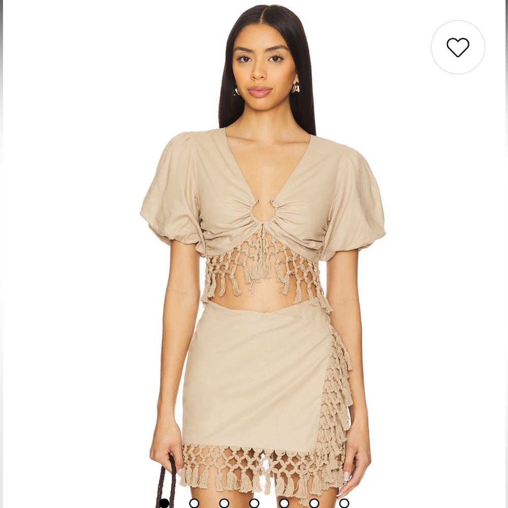 Tularosa Beige Crop Top and Skort with Fringe Details